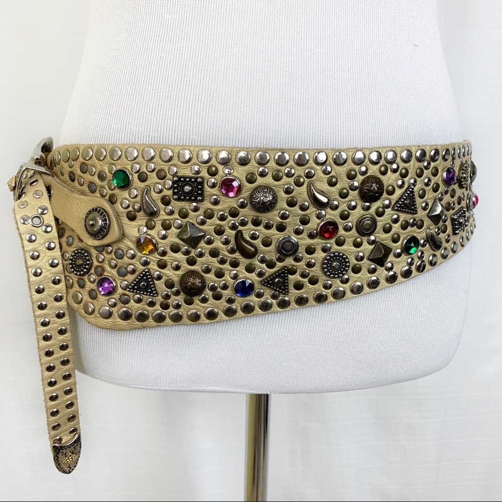 Vintage Gold Tone Embellished Leather Belt